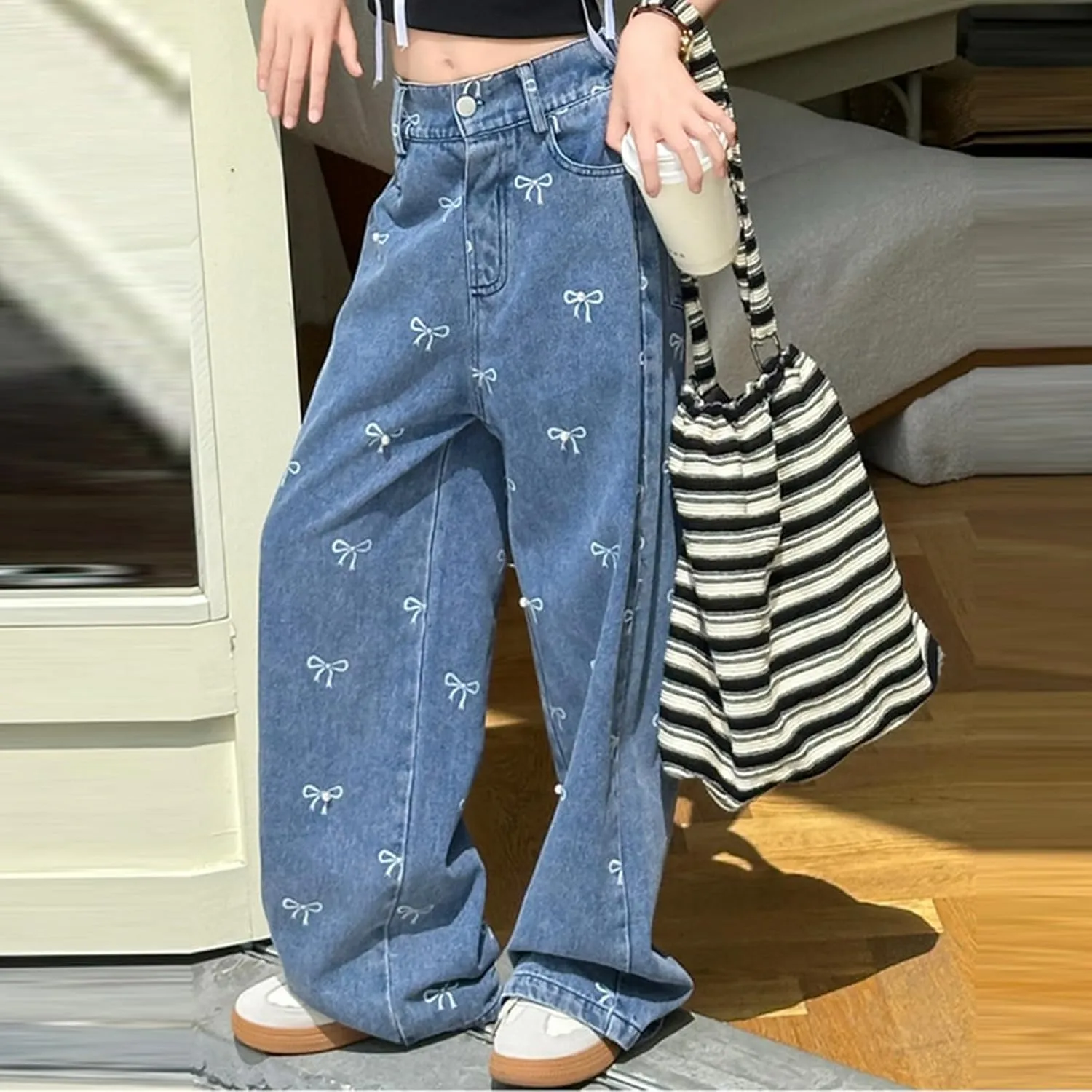 Children Kids Casual Ripped Jeans Wide Straight Leg Elastic Mid Waisted Baggy Trousers Summer Fashion Trendy Denim Pants
