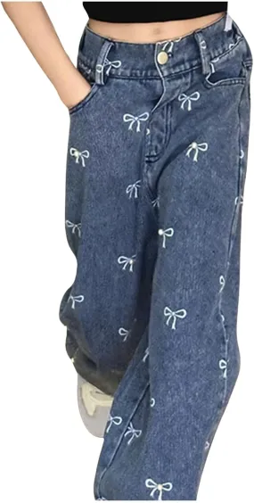 Children Kids Casual Ripped Jeans Wide Straight Leg Elastic Mid Waisted Baggy Trousers Summer Fashion Trendy Denim Pants