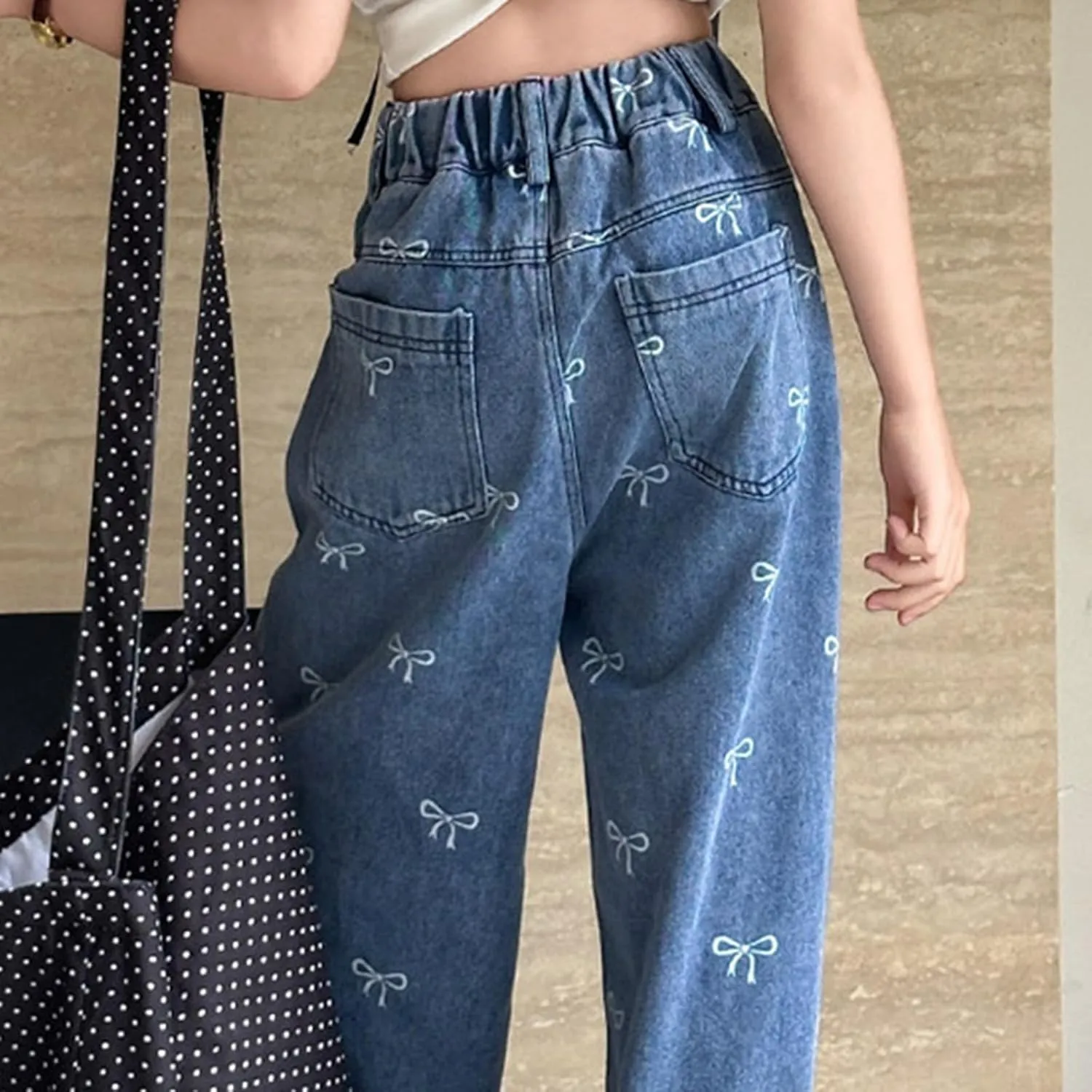Children Kids Casual Ripped Jeans Wide Straight Leg Elastic Mid Waisted Baggy Trousers Summer Fashion Trendy Denim Pants