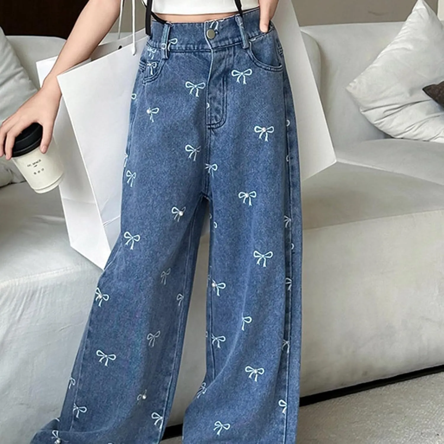 Children Kids Casual Ripped Jeans Wide Straight Leg Elastic Mid Waisted Baggy Trousers Summer Fashion Trendy Denim Pants