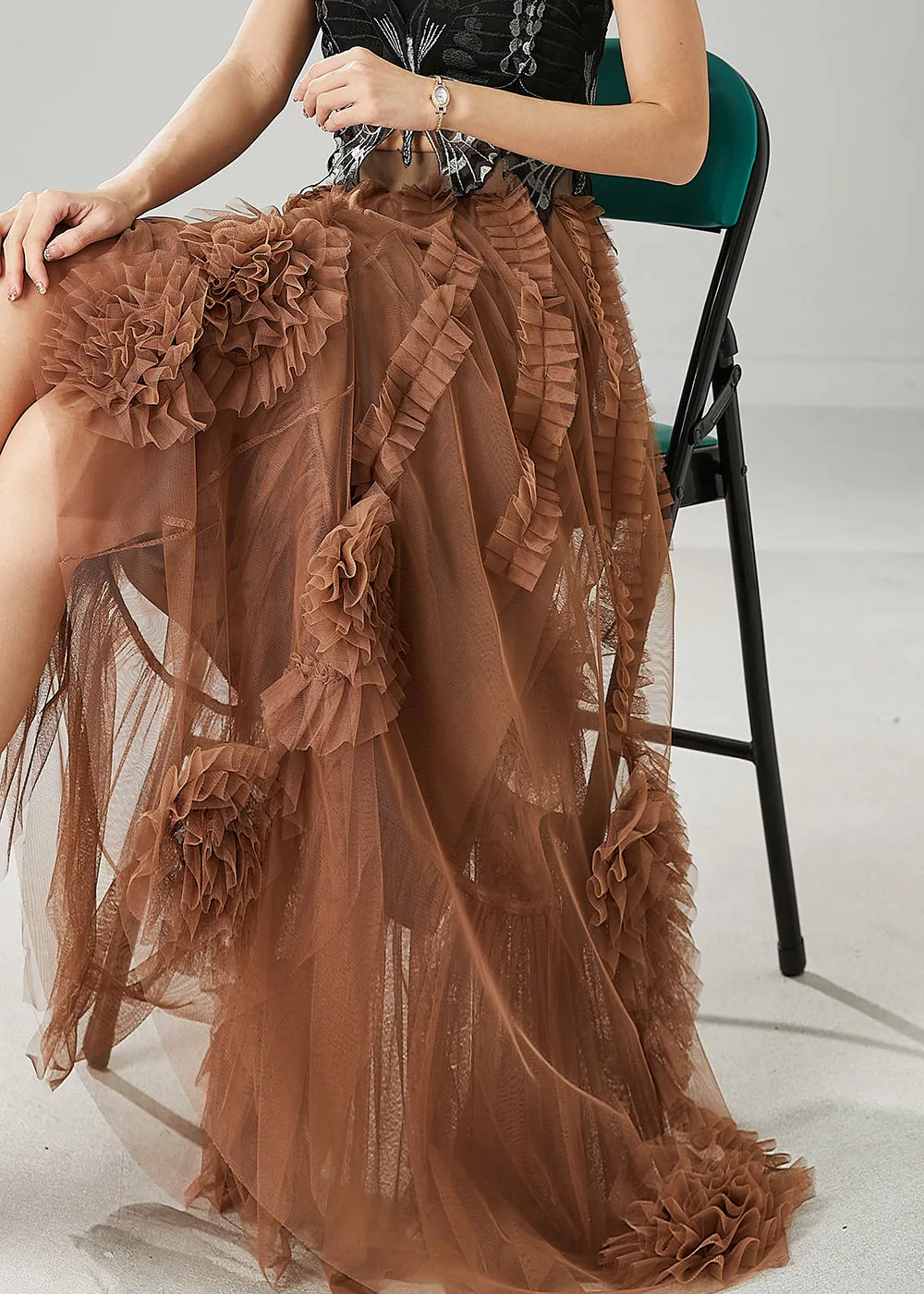 Classy Brown Ruffled Stereoscopic Floral Tulle Skirt Spring YU1063