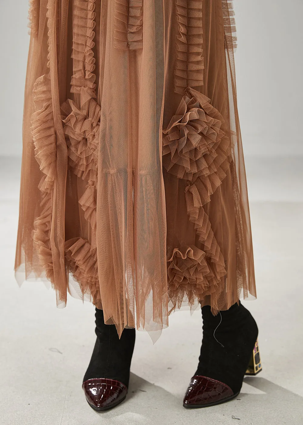 Classy Brown Ruffled Stereoscopic Floral Tulle Skirt Spring YU1063