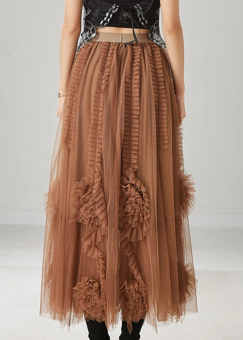 Classy Brown Ruffled Stereoscopic Floral Tulle Skirt Spring YU1063
