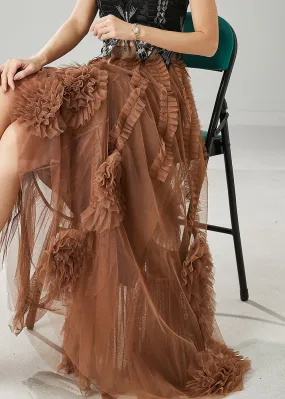 Classy Brown Ruffled Stereoscopic Floral Tulle Skirt Spring YU1063