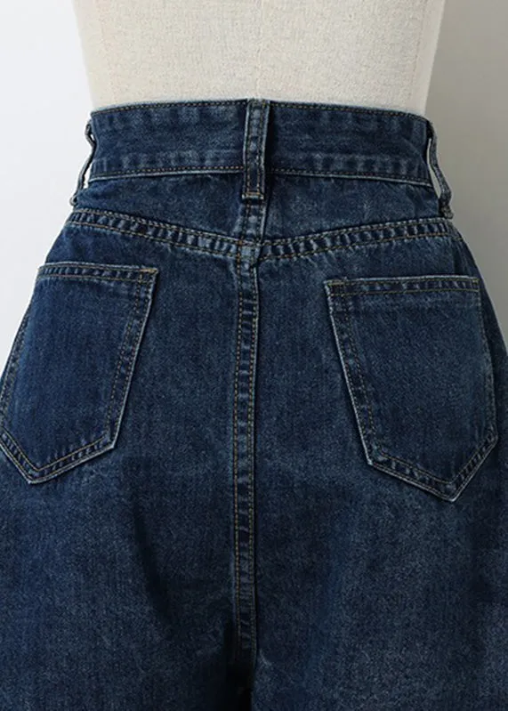 Classy Navy Pockets Patchwork High Waist Button Denim Shorts LY5261