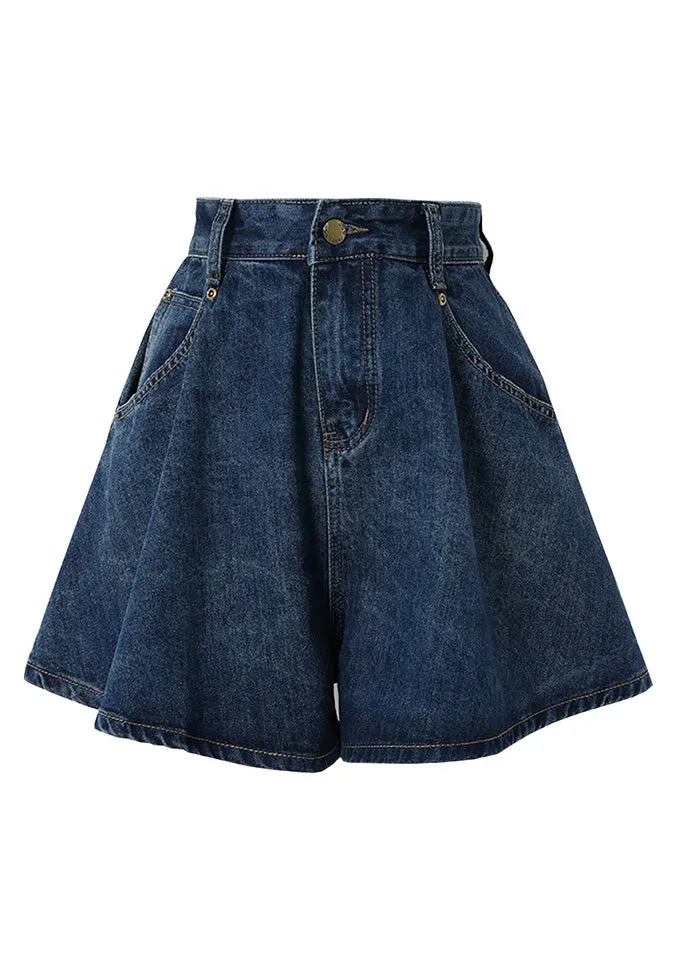 Classy Navy Pockets Patchwork High Waist Button Denim Shorts LY5261