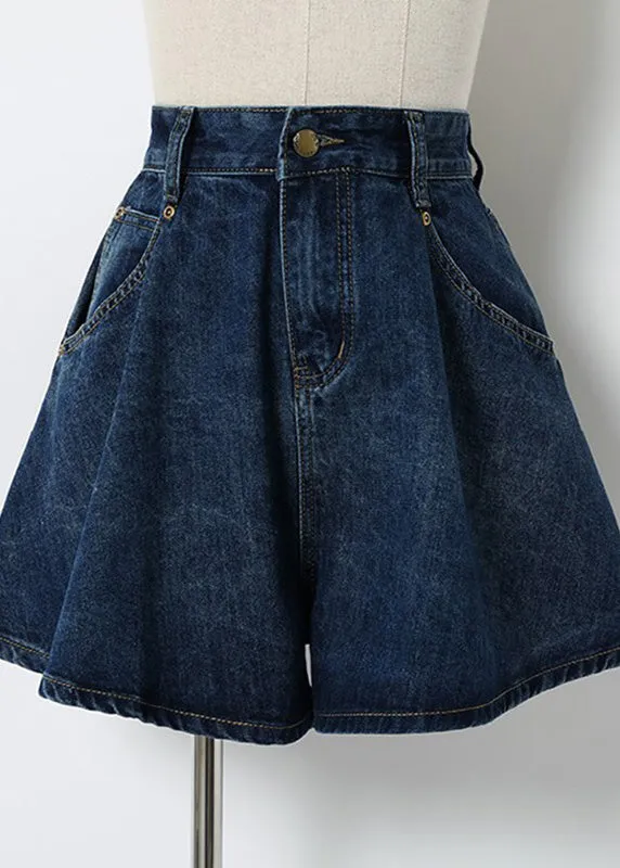 Classy Navy Pockets Patchwork High Waist Button Denim Shorts LY5261