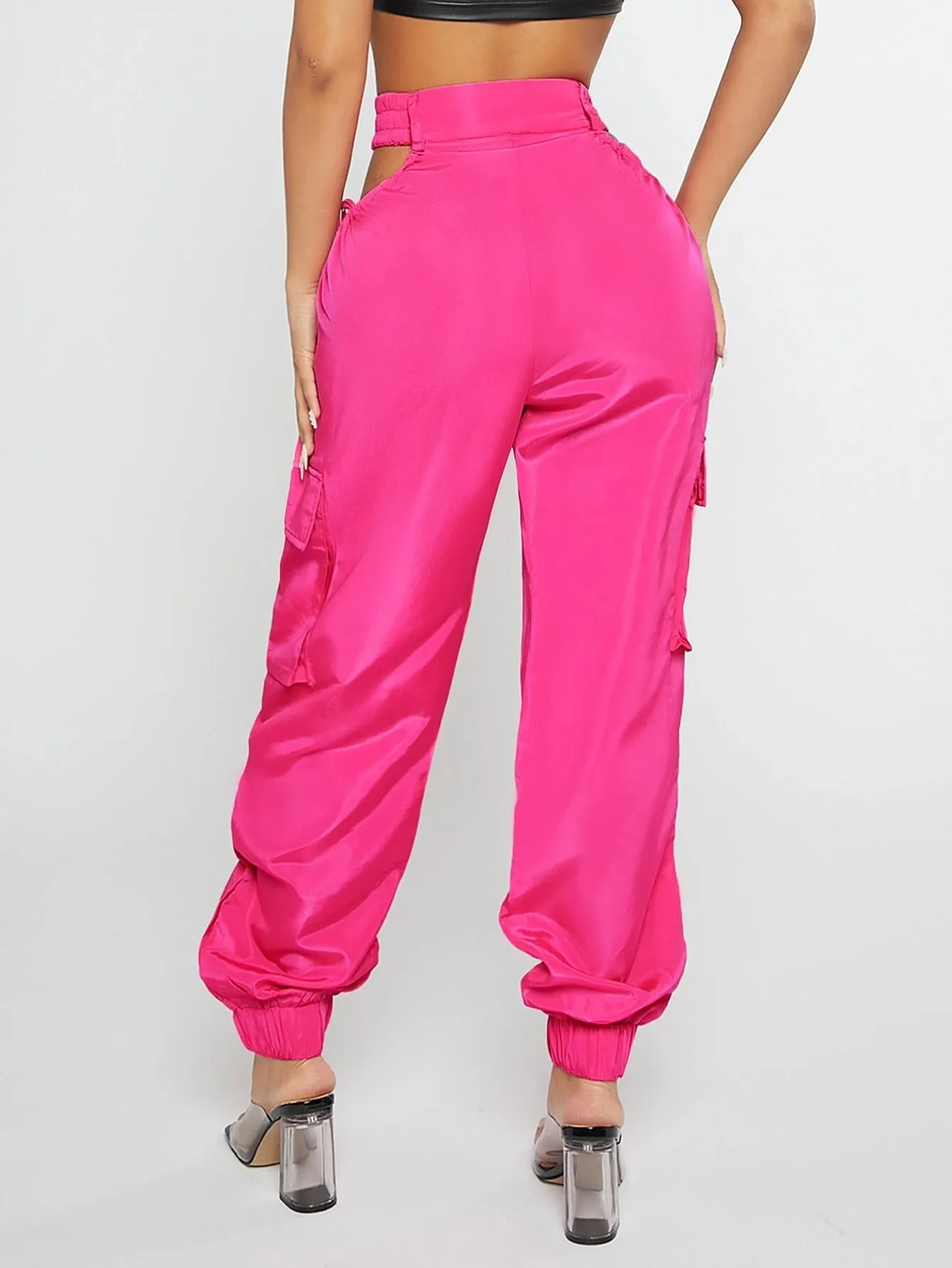 Cut Out Waist Flap Pocket Cargo Pants