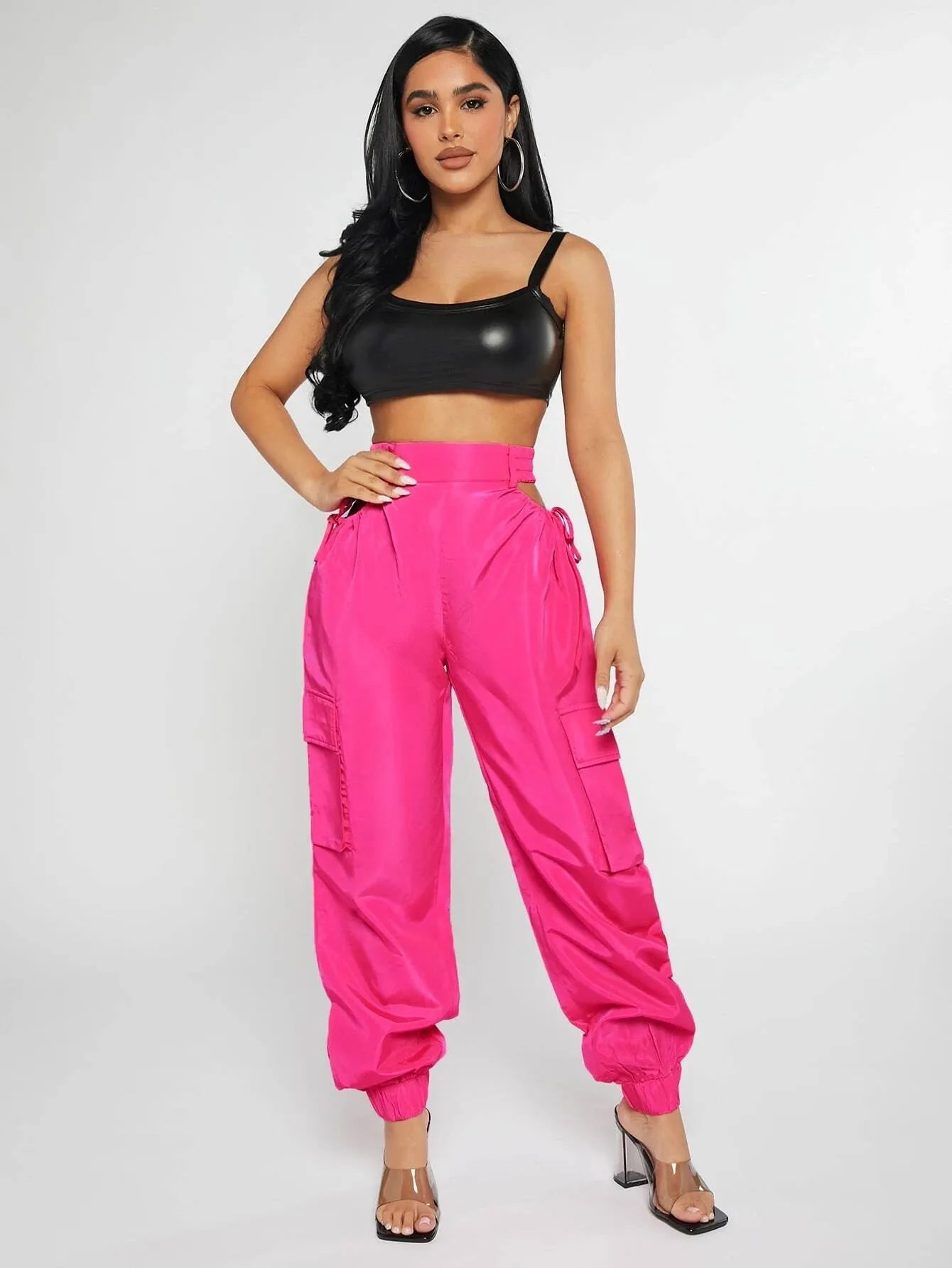Cut Out Waist Flap Pocket Cargo Pants