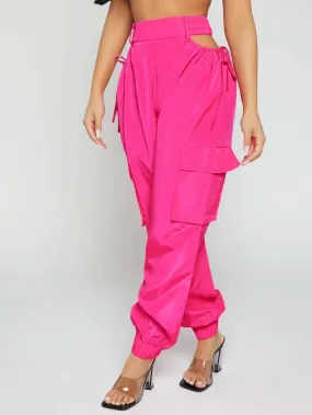 Cut Out Waist Flap Pocket Cargo Pants