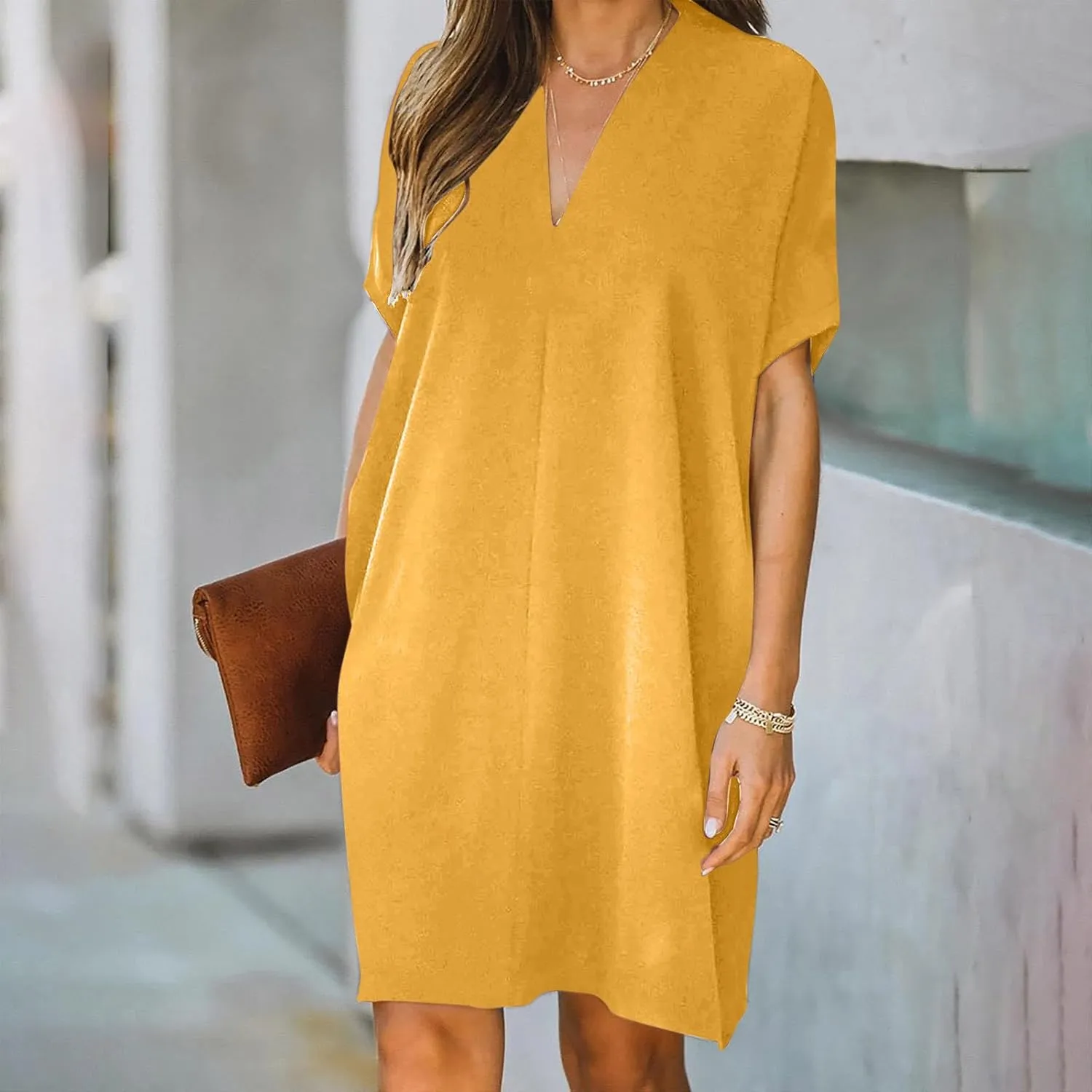 Dresses for Women V Neck Spring Summer Ruffle Short Sleeve Simple Mini Dress Casual Flowy Shift Graduation Dress with Pockets
