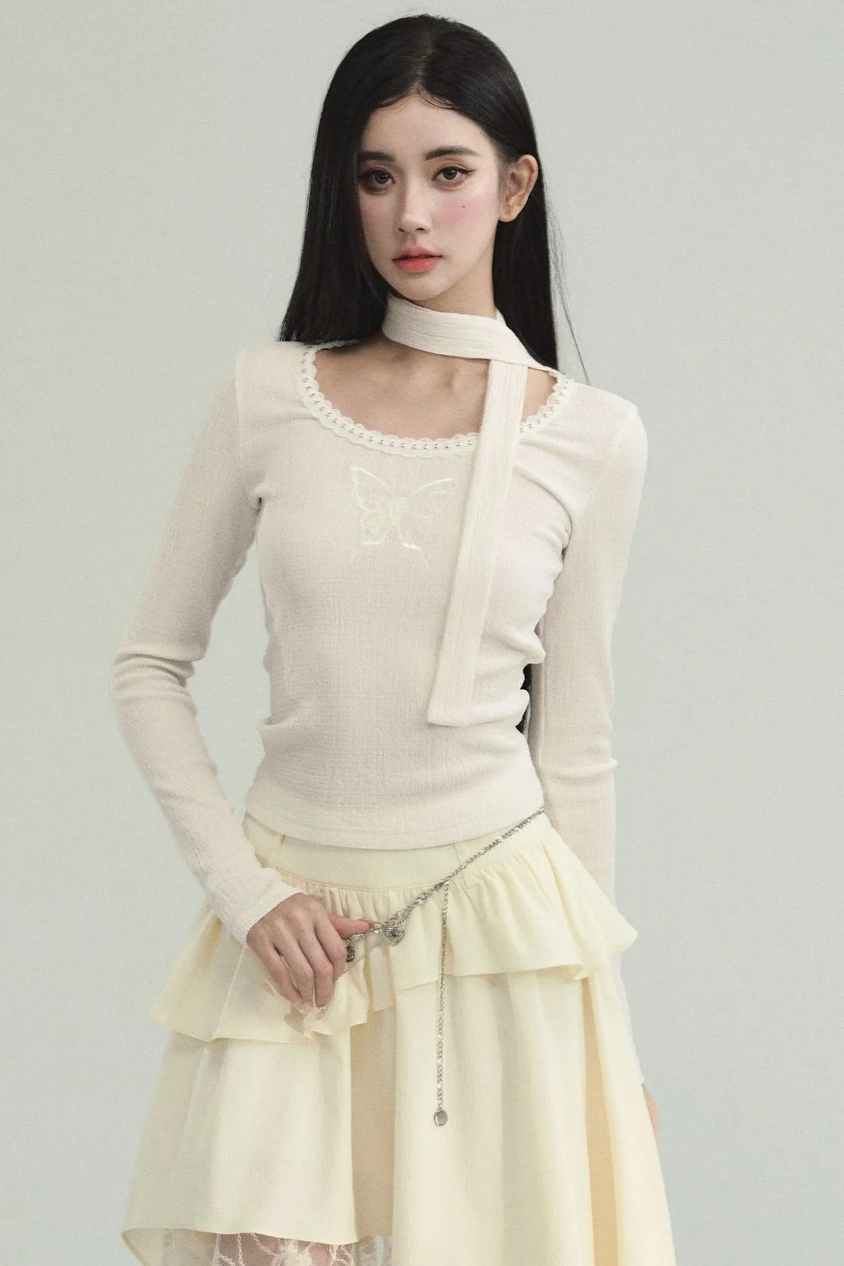 Ethereal Ivory Ensemble: Asymmetric Ruffled Midi Skirt & Choker-Neck Fitted Sweater Set