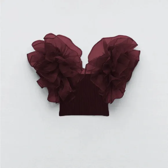 Exaggerated Ruffle Ribbed Solid Top