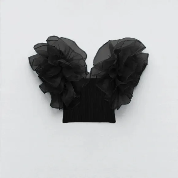Exaggerated Ruffle Ribbed Solid Top