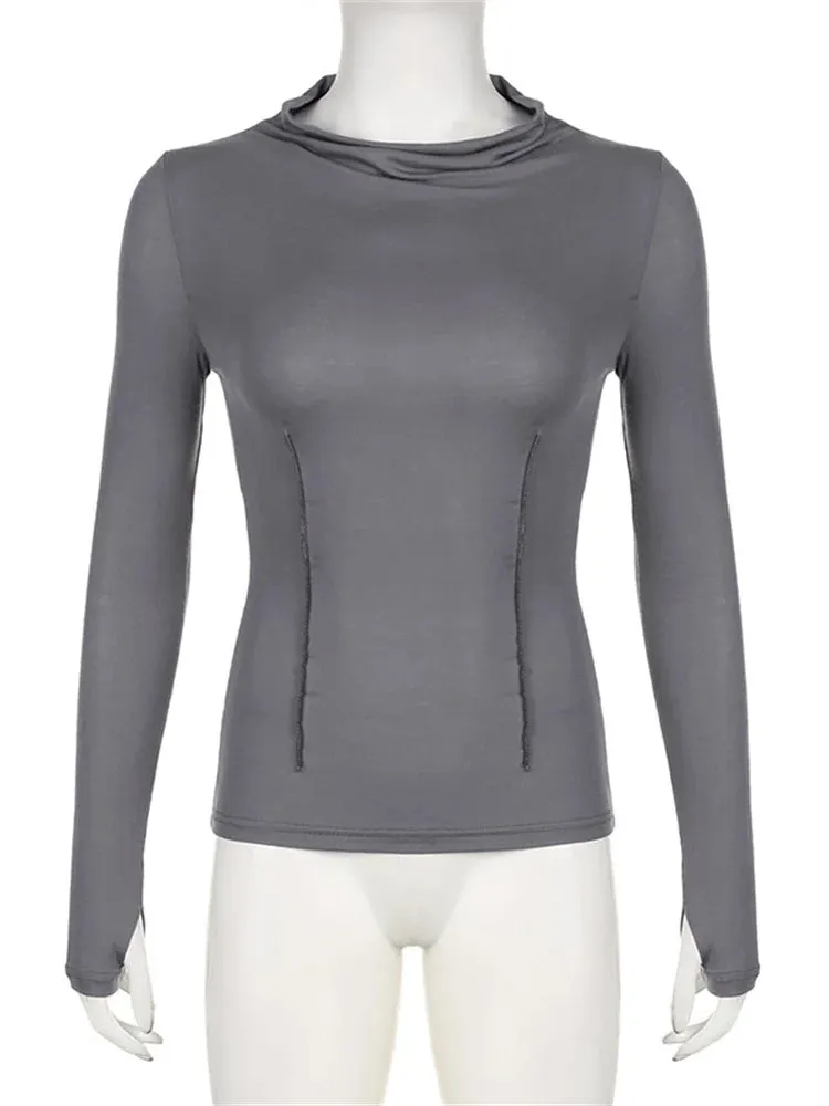 FashionSierra - 2024 Spring Fall Slim Fit Casual Long Sleeve Solid Color Ruched Irregular Neck Streetwear Tee