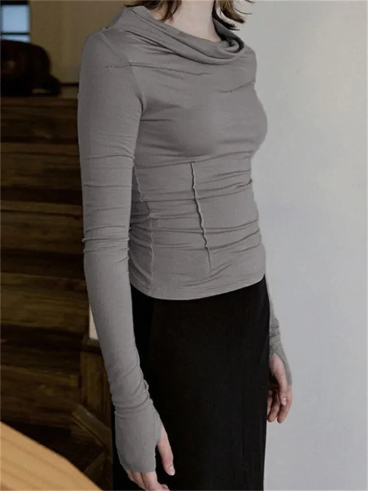 FashionSierra - 2024 Spring Fall Slim Fit Casual Long Sleeve Solid Color Ruched Irregular Neck Streetwear Tee