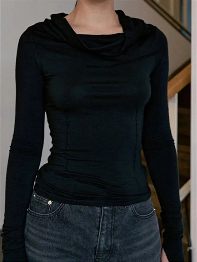FashionSierra - 2024 Spring Fall Slim Fit Casual Long Sleeve Solid Color Ruched Irregular Neck Streetwear Tee