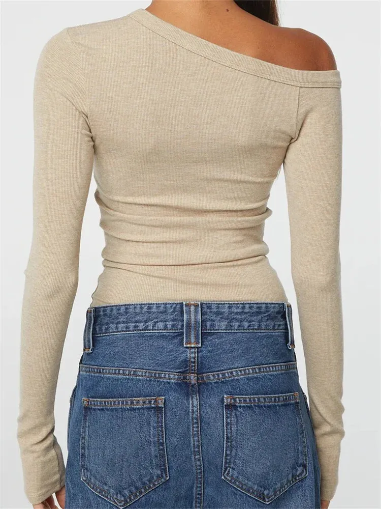 FashionSierra - Ribbed Long Sleeve Off Shoulder Sexy for Women Solid Slim Fit Buttons Up Casual Streetwear Tee