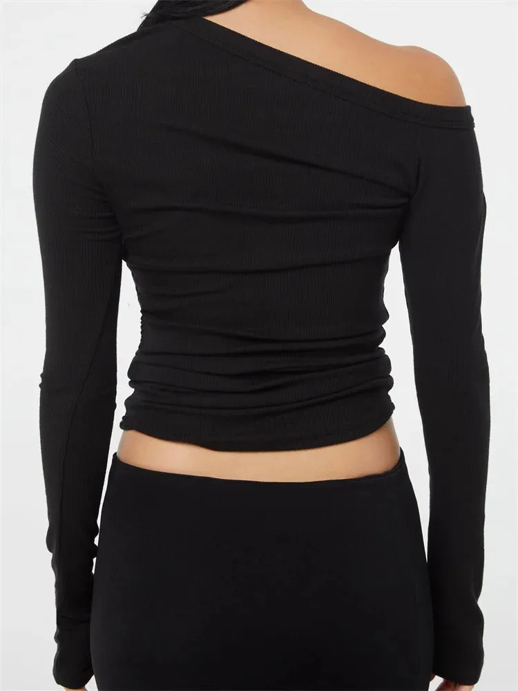 FashionSierra - Ribbed Long Sleeve Off Shoulder Sexy for Women Solid Slim Fit Buttons Up Casual Streetwear Tee