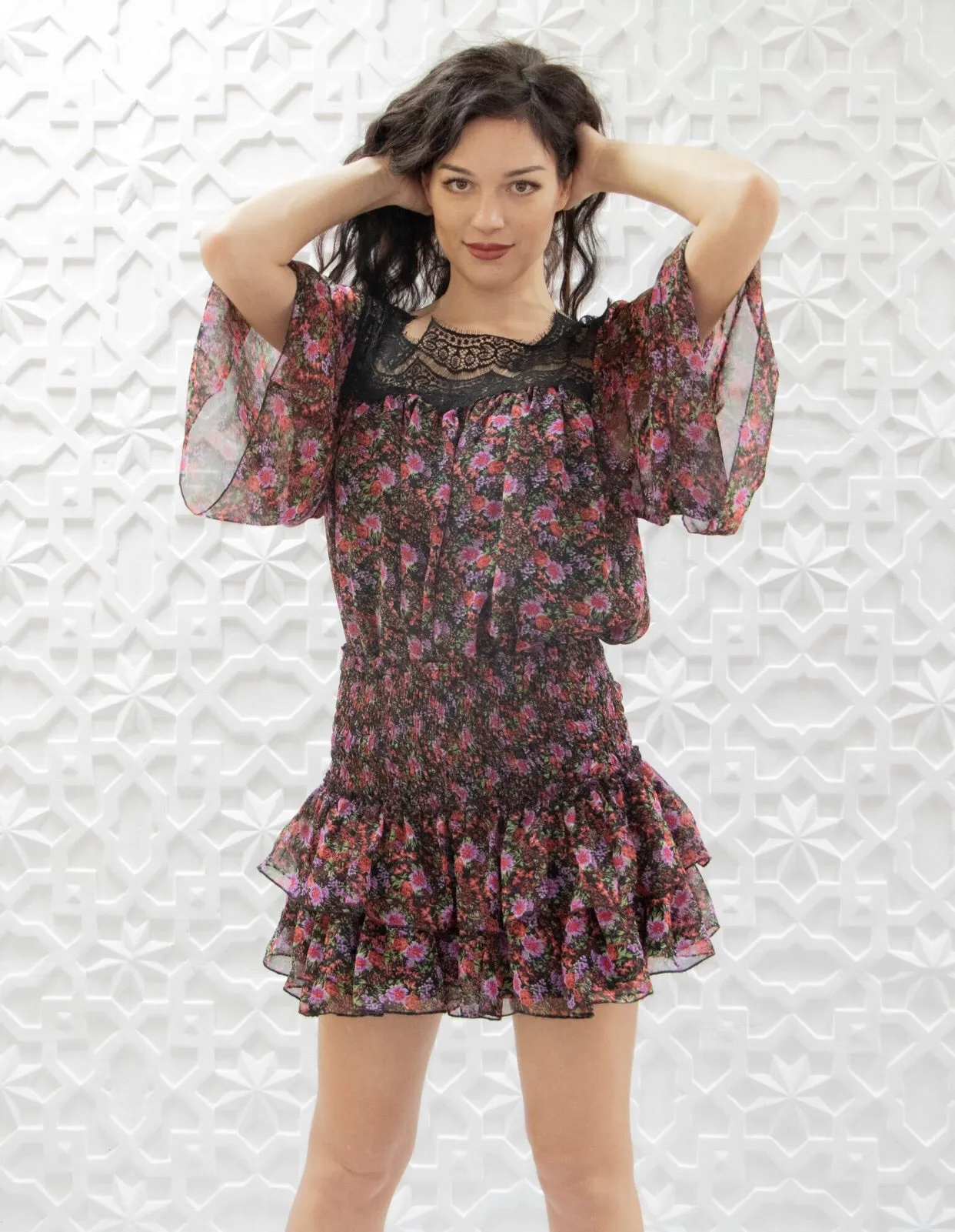 Floral print ruffled mini skirt