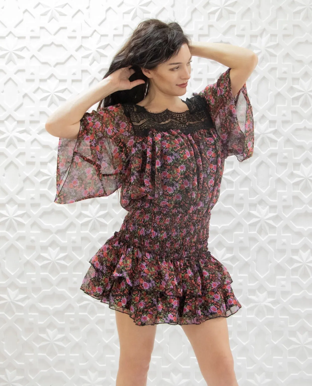 Floral print ruffled mini skirt