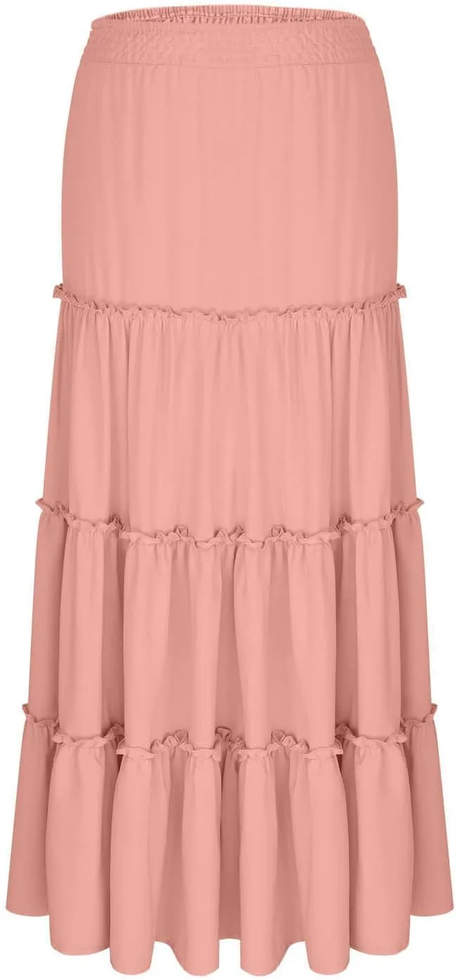 Flowy Tiered Maxi Skirts for Women 2025 Trendy Summer Vacation Outfit Elastic High Waist a Line Swing Boho Long Skirt