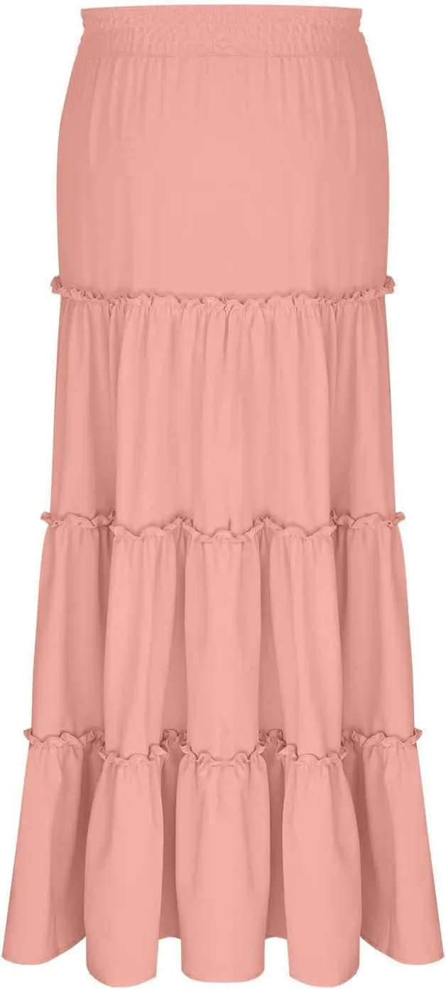 Flowy Tiered Maxi Skirts for Women 2025 Trendy Summer Vacation Outfit Elastic High Waist a Line Swing Boho Long Skirt