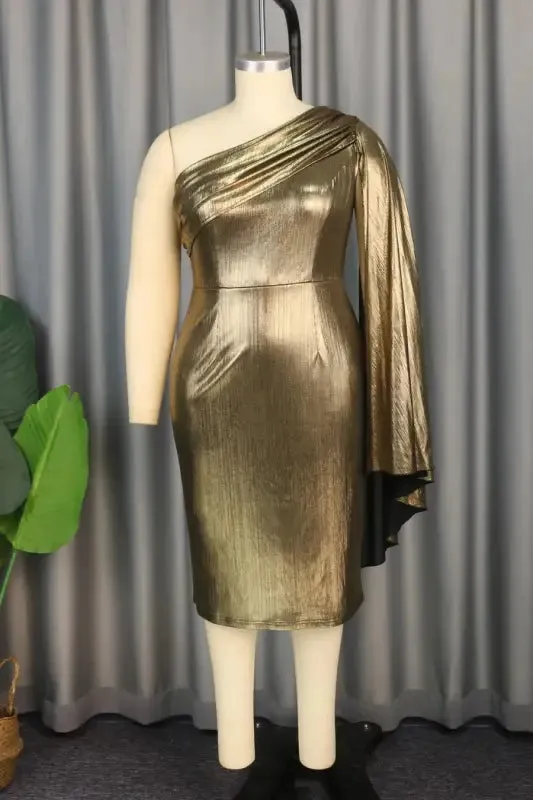 Gold Foil One Shoulder Sash Midi Dress