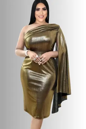 Gold Foil One Shoulder Sash Midi Dress