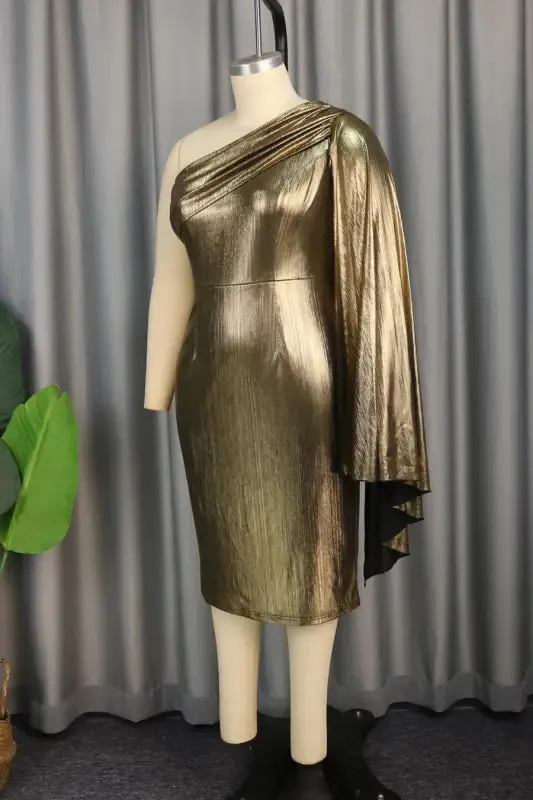 Gold Foil One Shoulder Sash Midi Dress