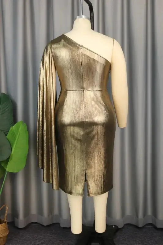 Gold Foil One Shoulder Sash Midi Dress