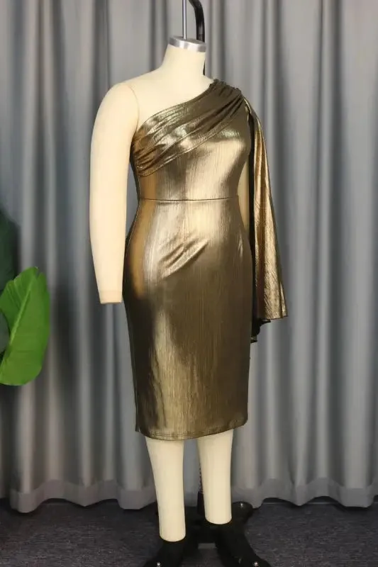 Gold Foil One Shoulder Sash Midi Dress