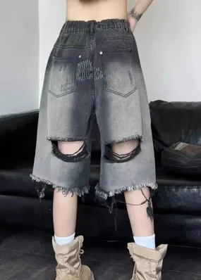 Gradient Color Black Patchwork High Waist Denim Shorts Summer LY5215