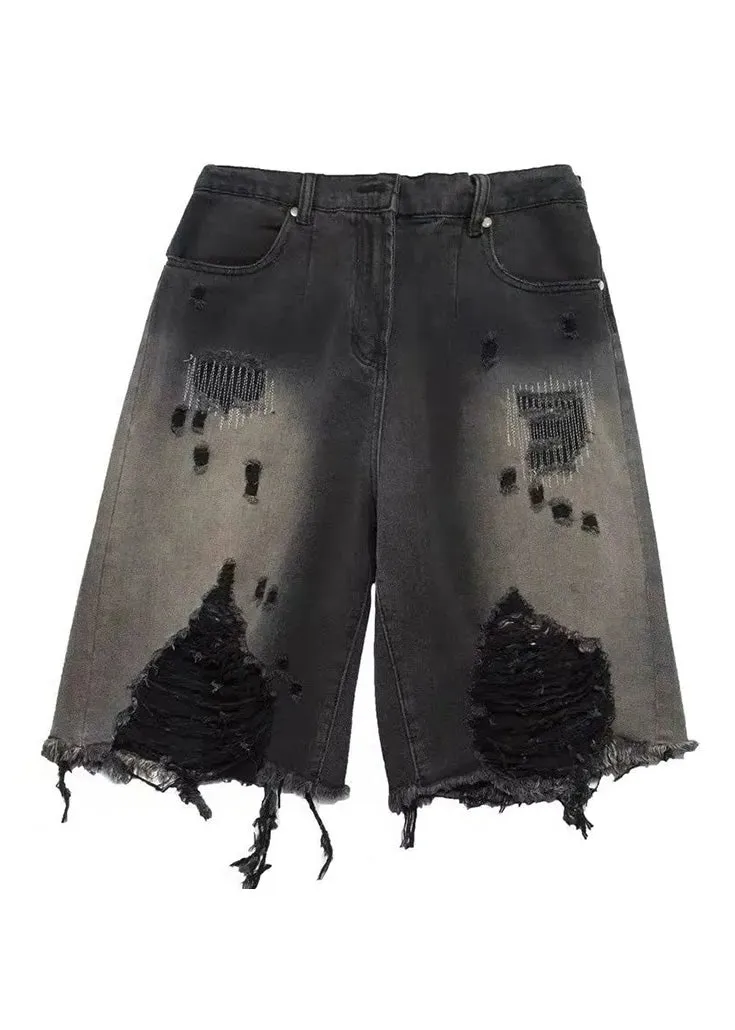 Gradient Color Black Patchwork High Waist Denim Shorts Summer LY5215