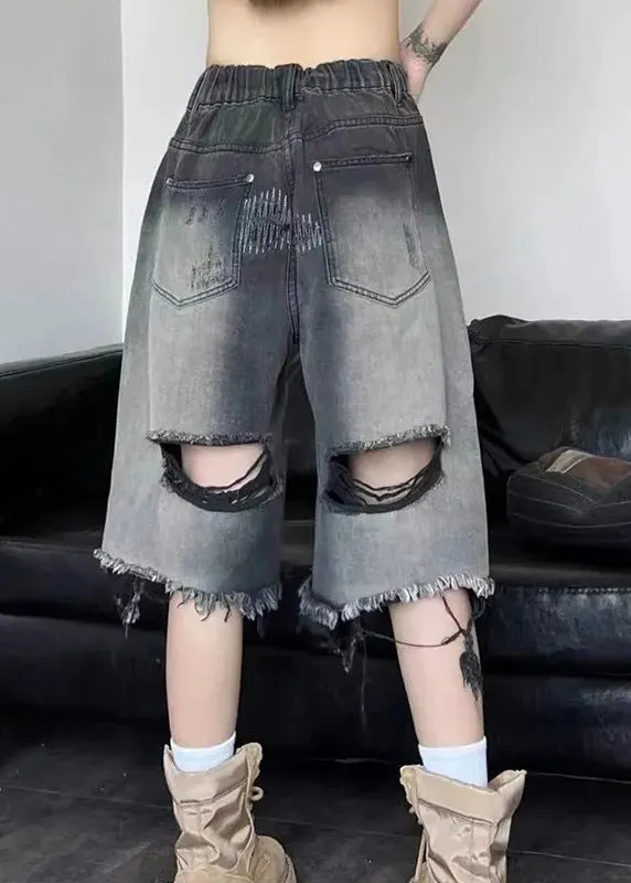 Gradient Color Black Patchwork High Waist Denim Shorts Summer LY5215