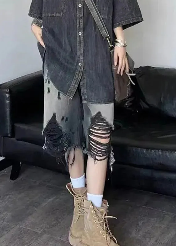 Gradient Color Black Patchwork High Waist Denim Shorts Summer LY5215