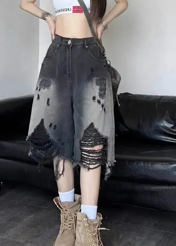 Gradient Color Black Patchwork High Waist Denim Shorts Summer LY5215