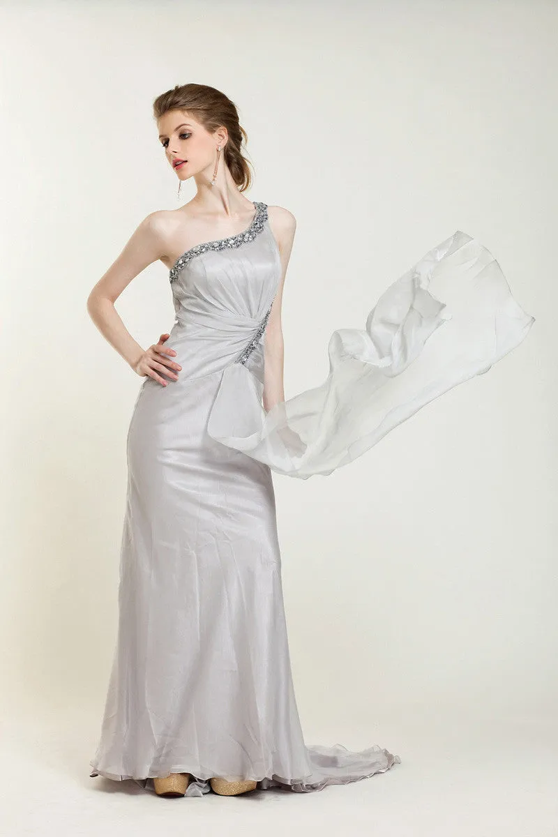 Gray One Shoulder Grecian Prom Formal Evening Dress