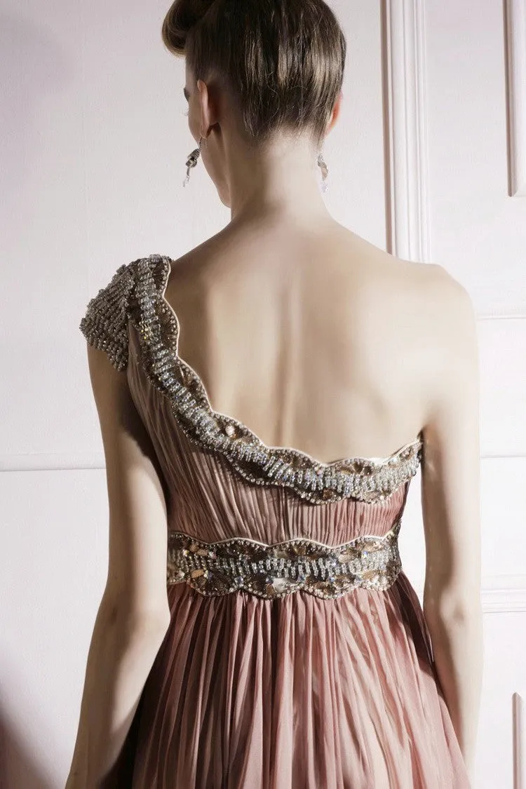 Grecian Brown Jeweled One Shoulder Evening Gown CX880996
