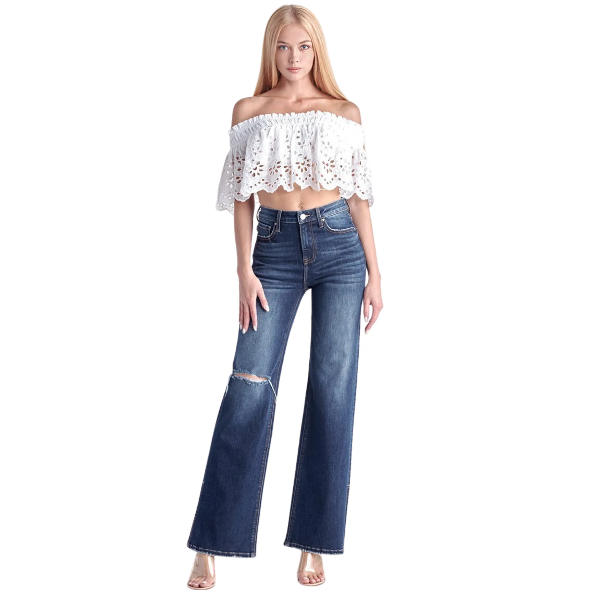 High Rise Distressed Wide Flare Jeans