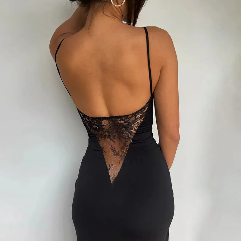 High Rise Slit Lace Patchwork Backless Maxi Dress