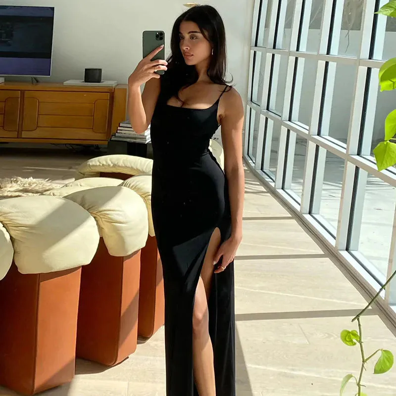 High Rise Slit Lace Patchwork Backless Maxi Dress