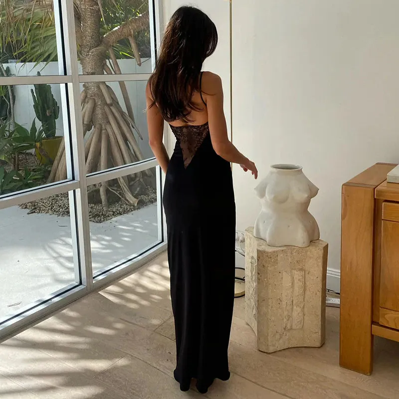 High Rise Slit Lace Patchwork Backless Maxi Dress