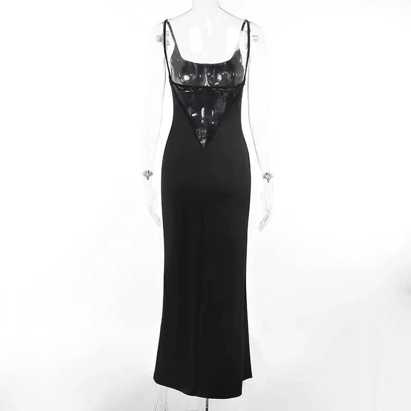 High Rise Slit Lace Patchwork Backless Maxi Dress