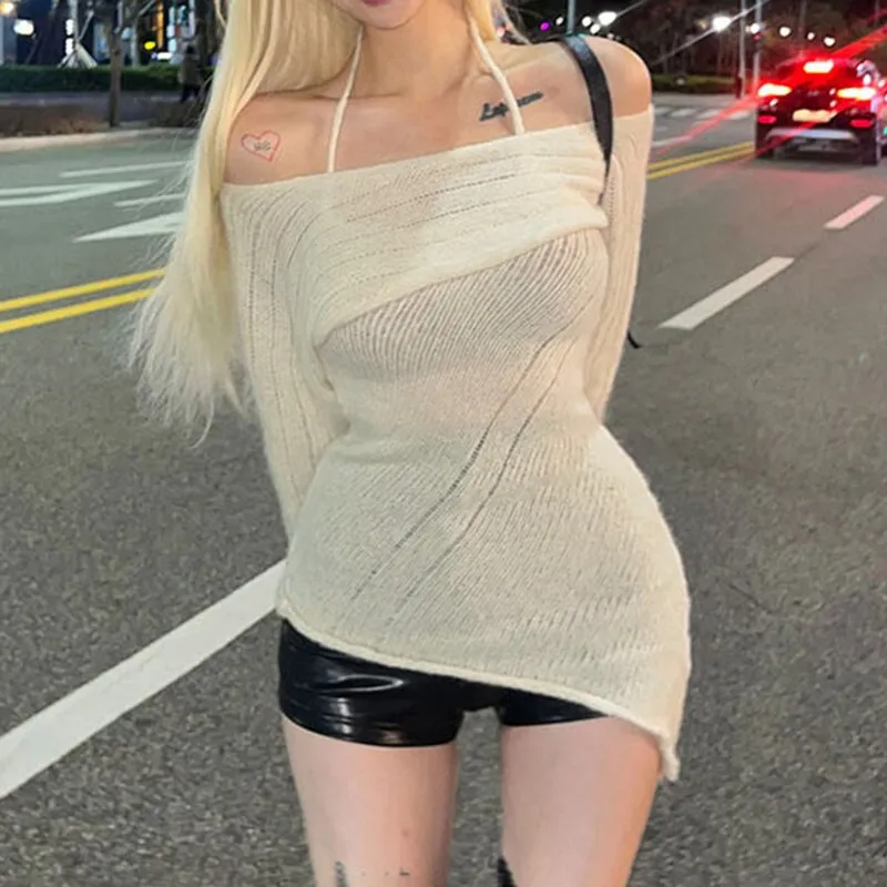Hnzxzm Women y2k Asymmetrical Fluffy Irregular Sweater Two Pieces Halter Tops Slash Neck Long Sleeve Vintage Grunge Jumpers