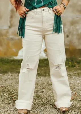 Ivory High Rise Distressed Bootcut Jeans (Tummy Control)
