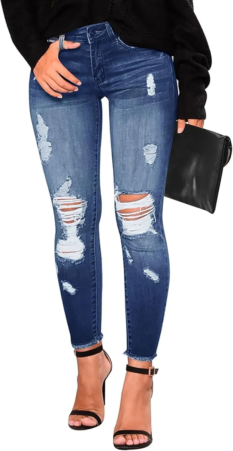 Jeggings for Women Tummy Control High Waisted Ripped Skinny Jeans Stretchy Distressed Denim Leggings with Pockets