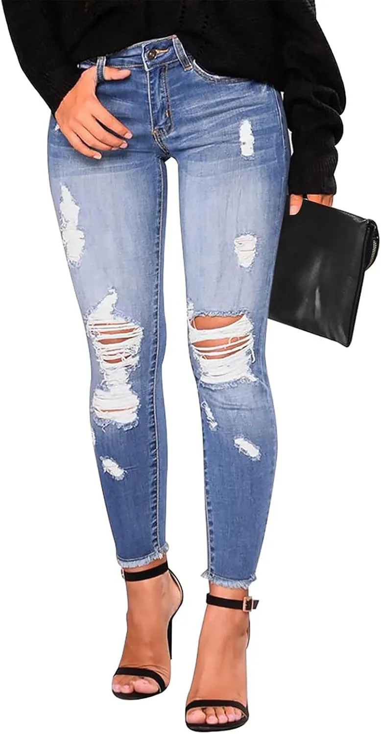 Jeggings for Women Tummy Control High Waisted Ripped Skinny Jeans Stretchy Distressed Denim Leggings with Pockets