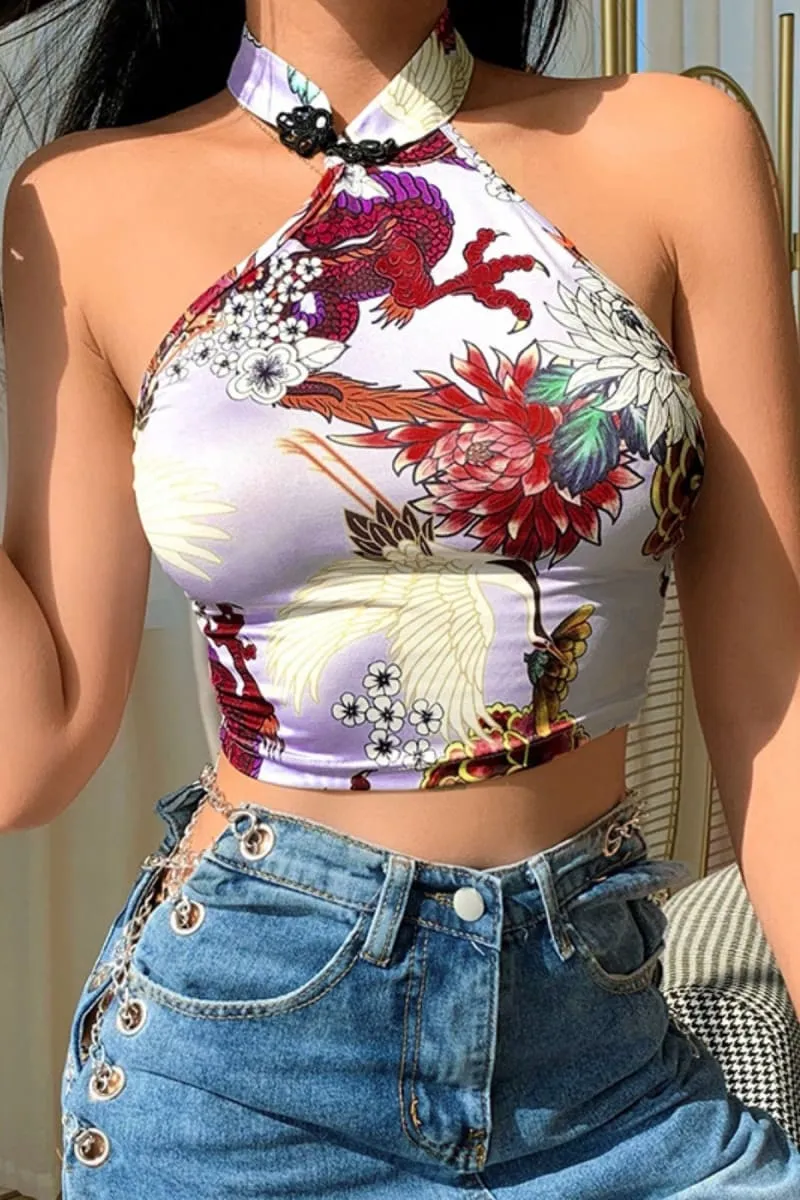 Lavender Halter Satin Dragon Crop Top