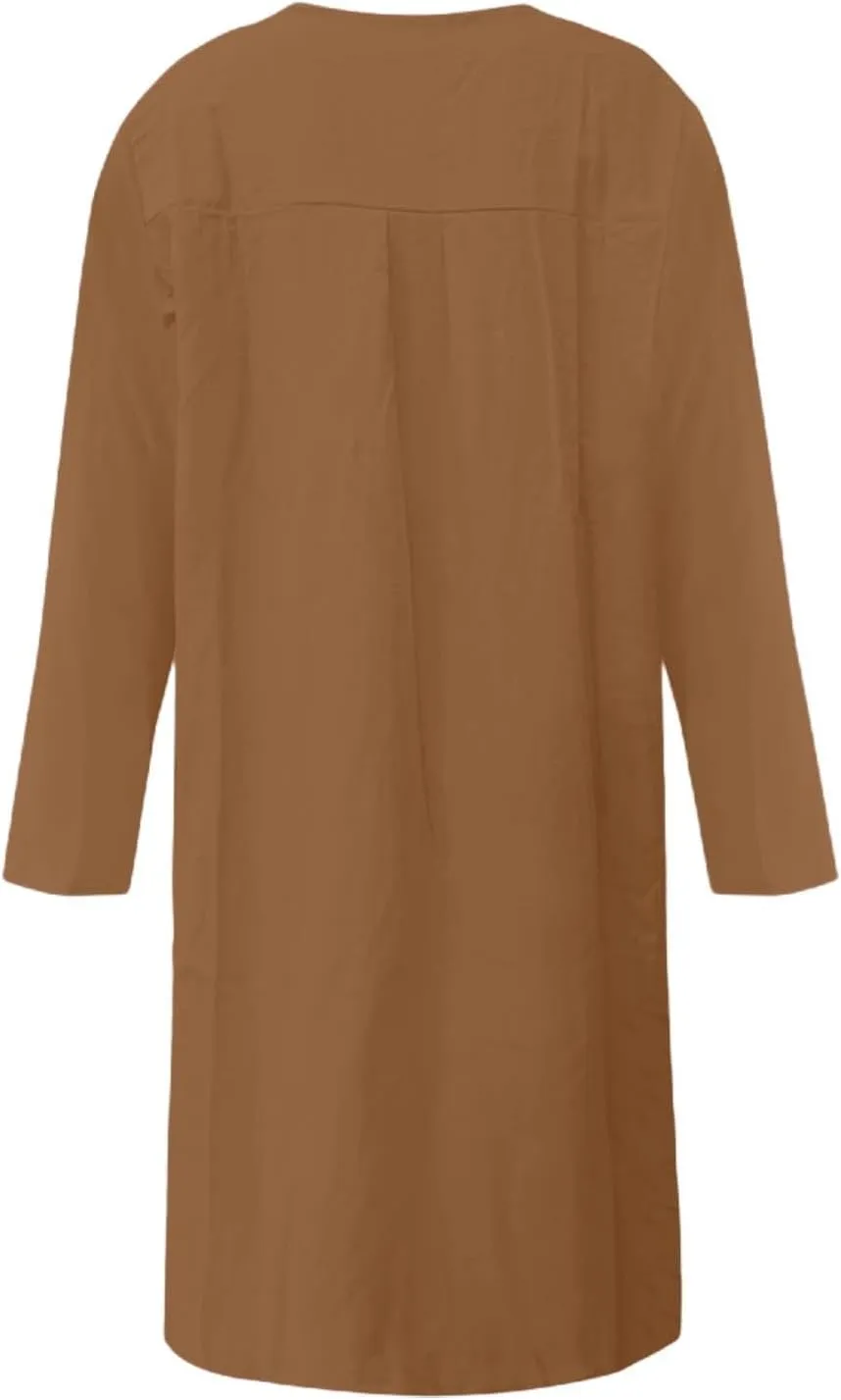 Linen Cotton Dresses for Women 2025 Button Shirt Dress Long Sleeve Round Neck Dressy Casual Mini Dresses with Pockets